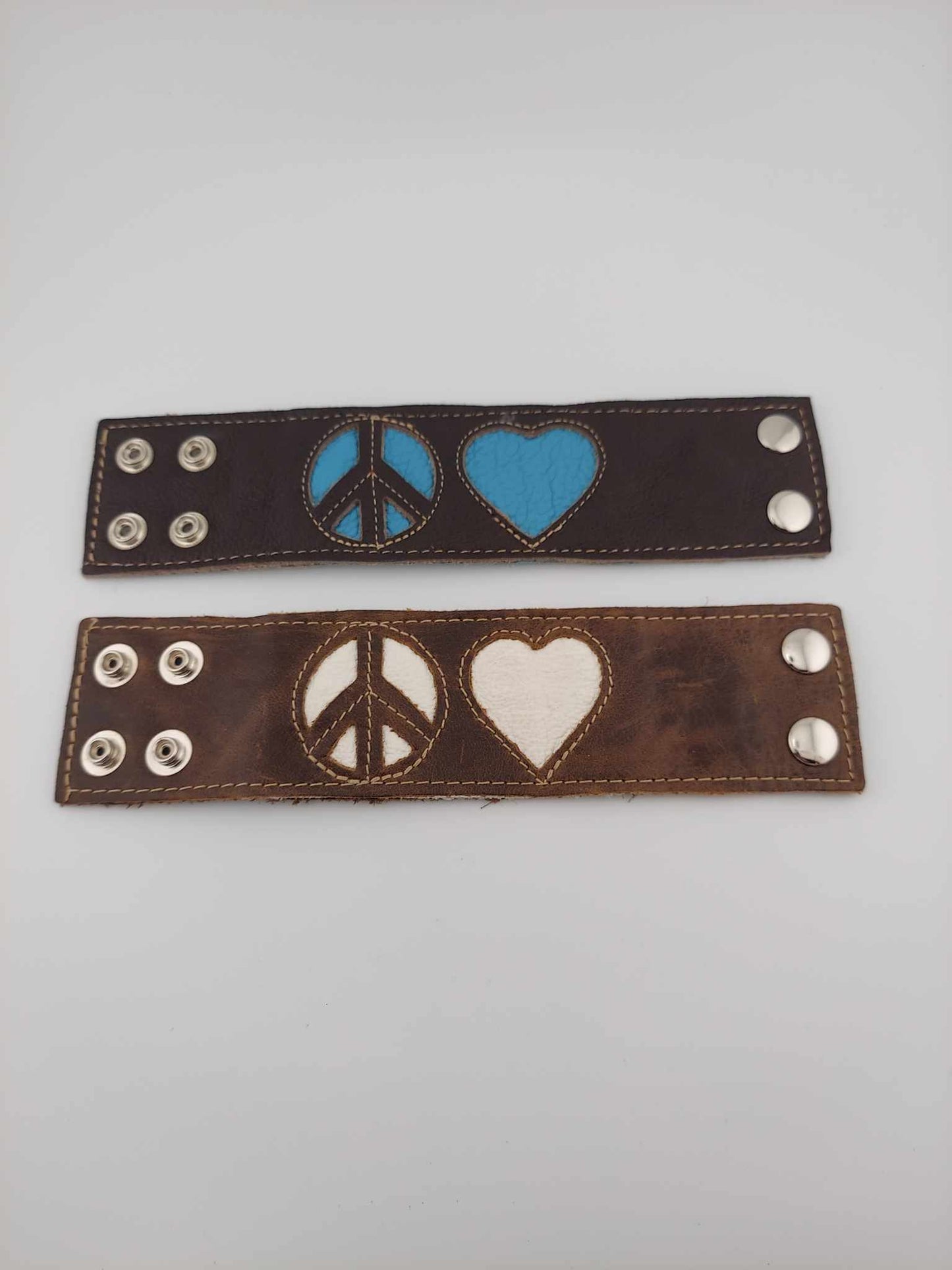 Leather Cuff Bracelet - Brown With Pebbled Turquoise Peace & Love Inset