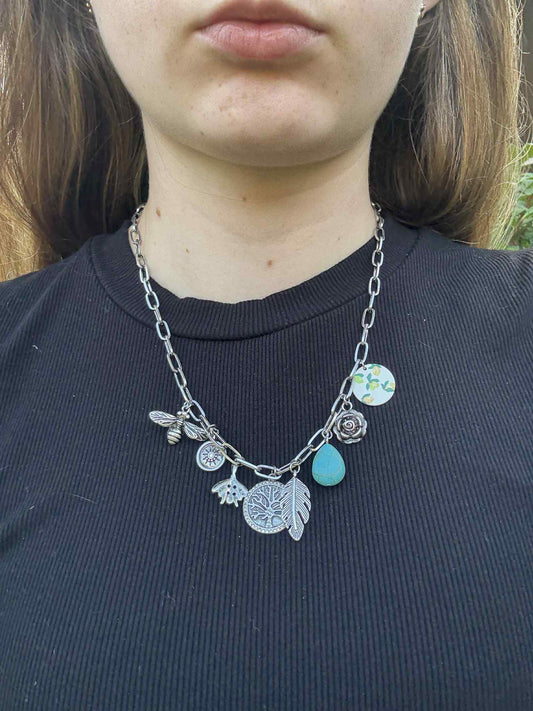 Boho Boutique Charm Necklace - Silver - Feather Tree Bee Charms