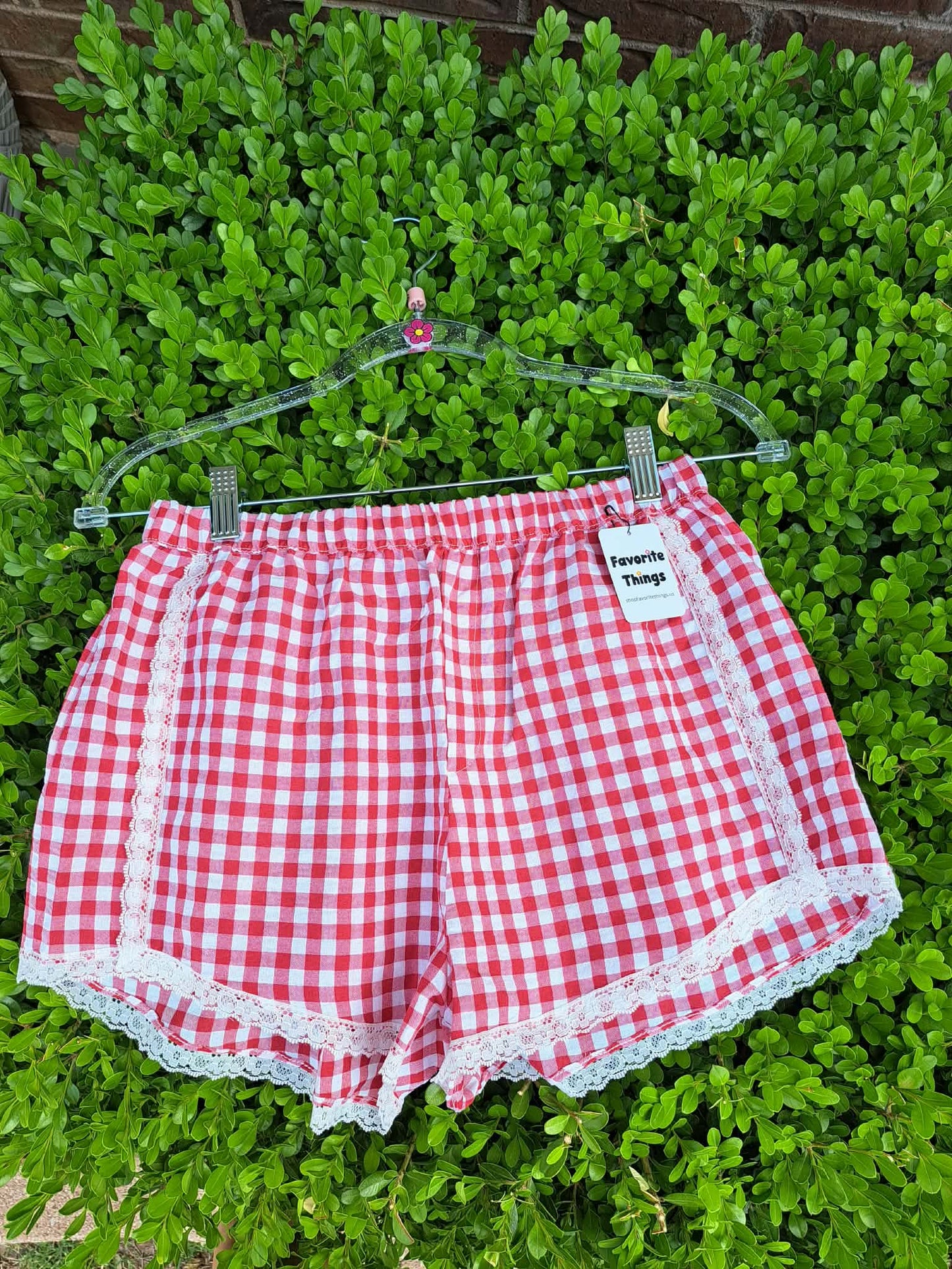 Red and White Plaid Lace Trim Shorts M L