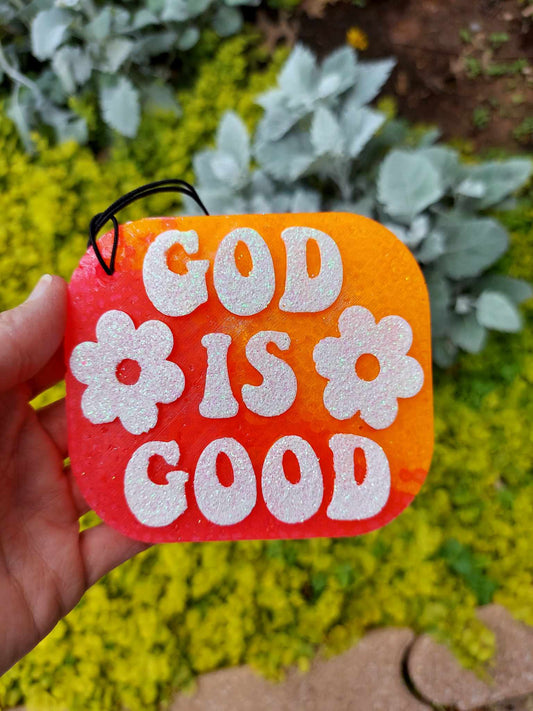 God Is Good Freshie - Orange/Pink Tie Dye Background White Text