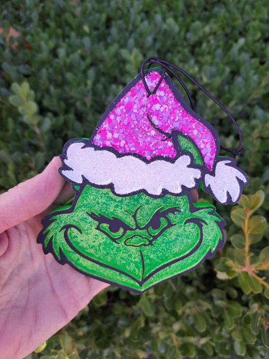 Christmas Grinch Freshie In Pink Chunky Glitter Hat