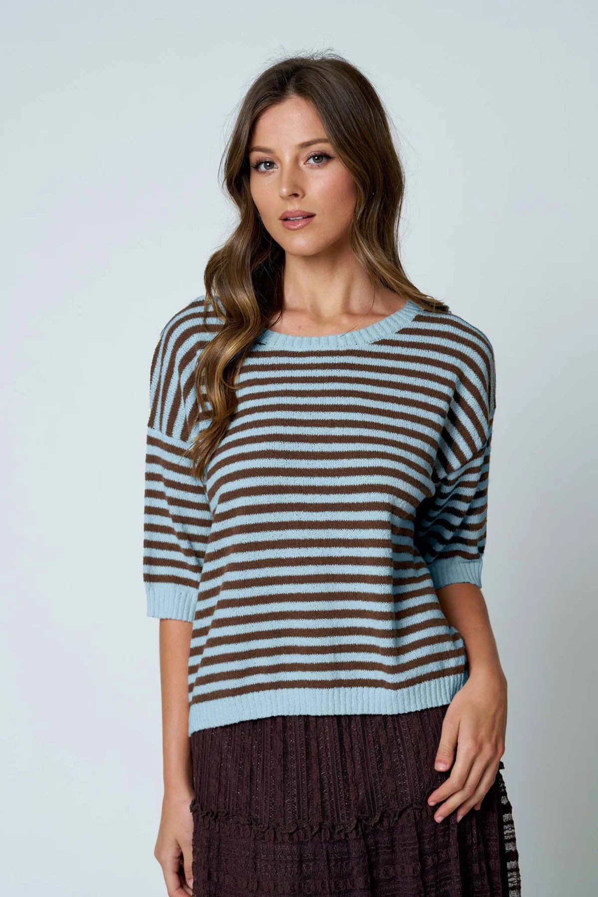 Dusty Blue Stripe Short Sleeve Sweater - Button Back