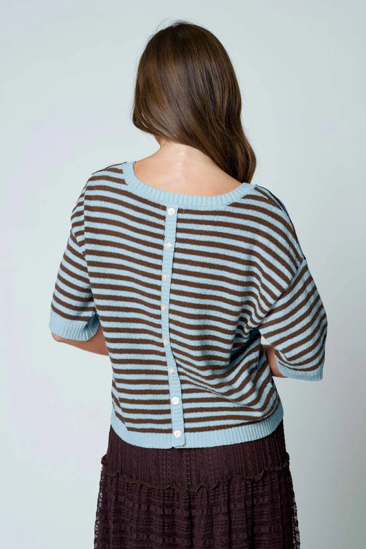 Dusty Blue Stripe Short Sleeve Sweater - Button Back