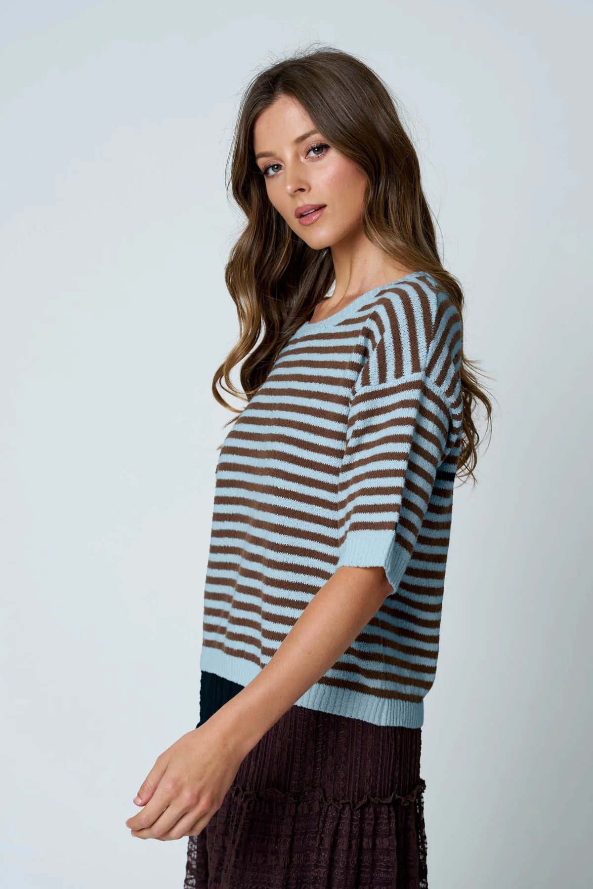 Dusty Blue Stripe Short Sleeve Sweater - Button Back