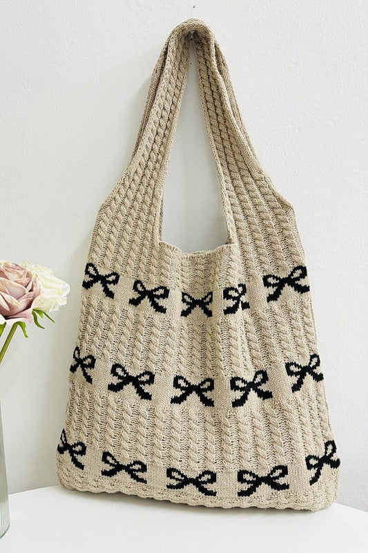 Knitted Woven Crochet Tote Bag With Black Bows