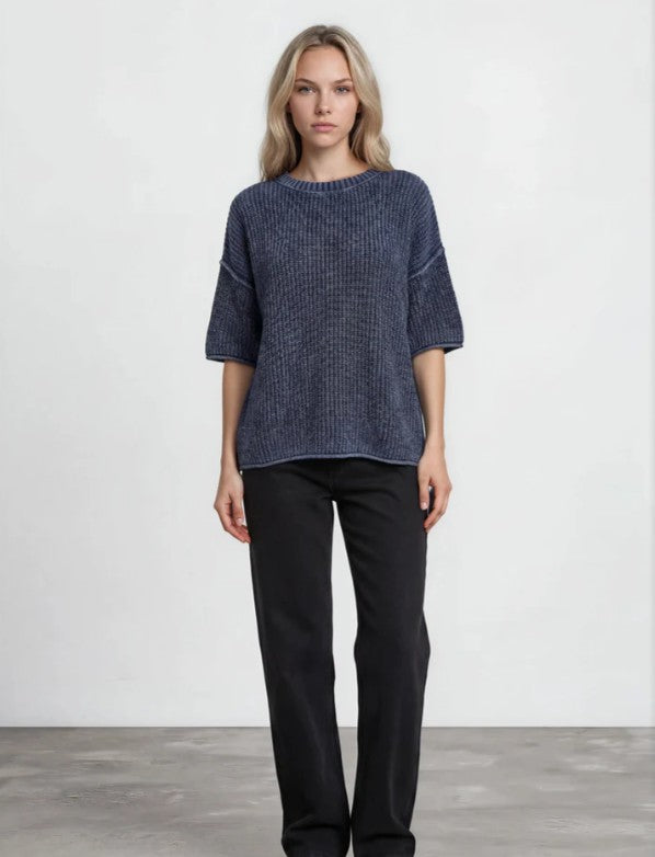 Navy Raw Edge Drop Shoulder Sweater