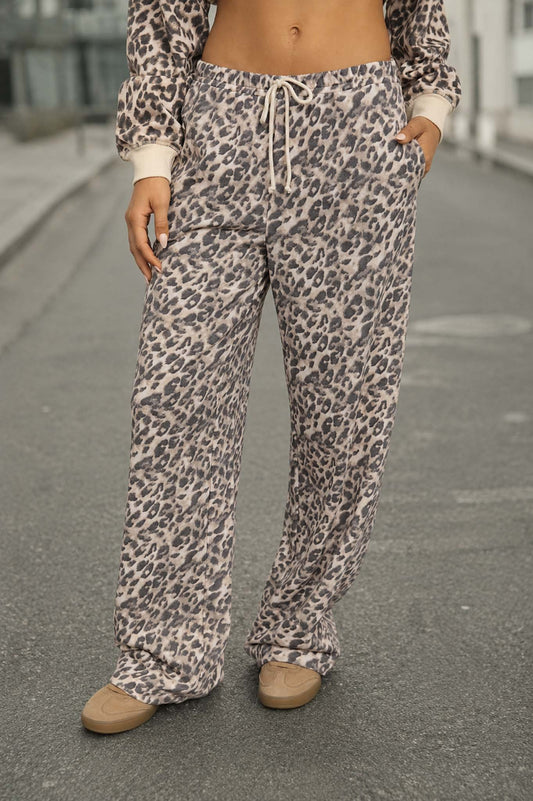 Leopard Drawstring Wide Leg Lounge Pants