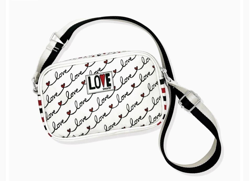 BRIGHTON "LOVE SCROLL" Canvas Crossbody Bag - Black Red Trim