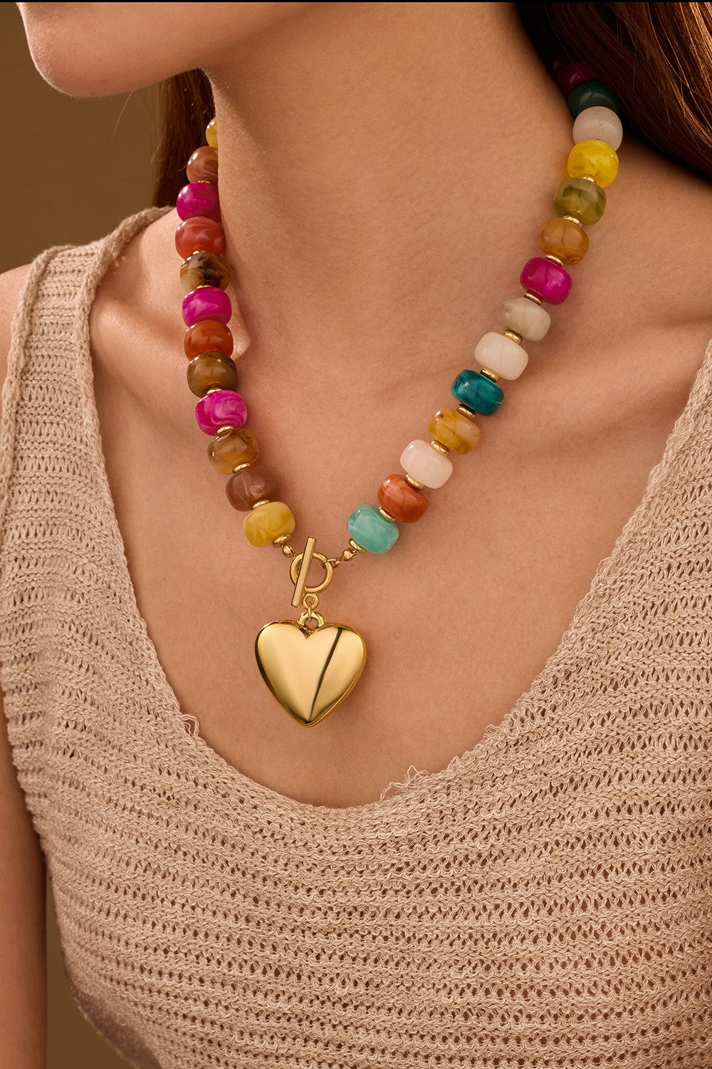 Colorful Chunky Bead Necklace with Heart Charm