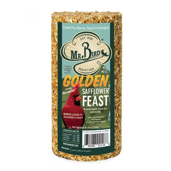 Mr. Bird Golden Safflower Feast bird seed in a cylindrical paper wrap package with a green and gold label, set against a plain white background.