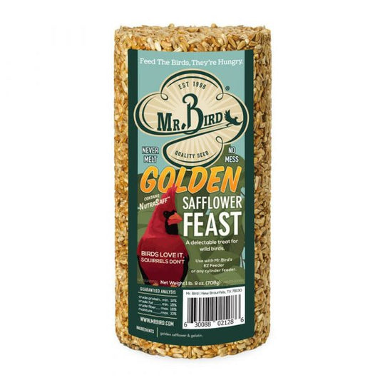 Mr. Bird Golden Safflower Feast bird seed in a cylindrical paper wrap package with a green and gold label, set against a plain white background.