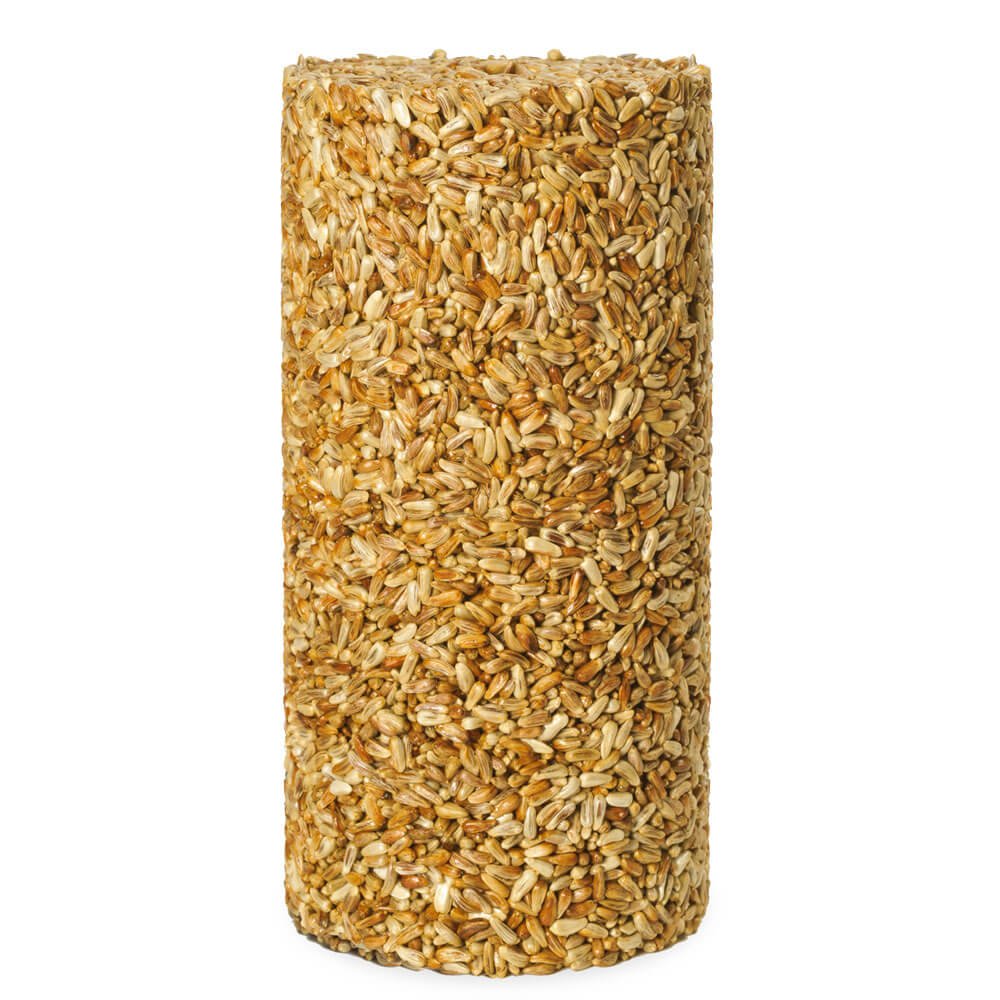 Cylindrical bird seed block on a white background