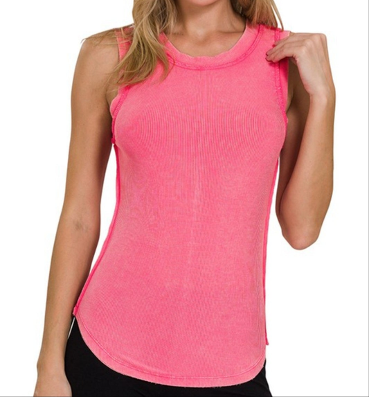 Ribbed Scoop Neck Tank Top - Washed Pink - Zenana