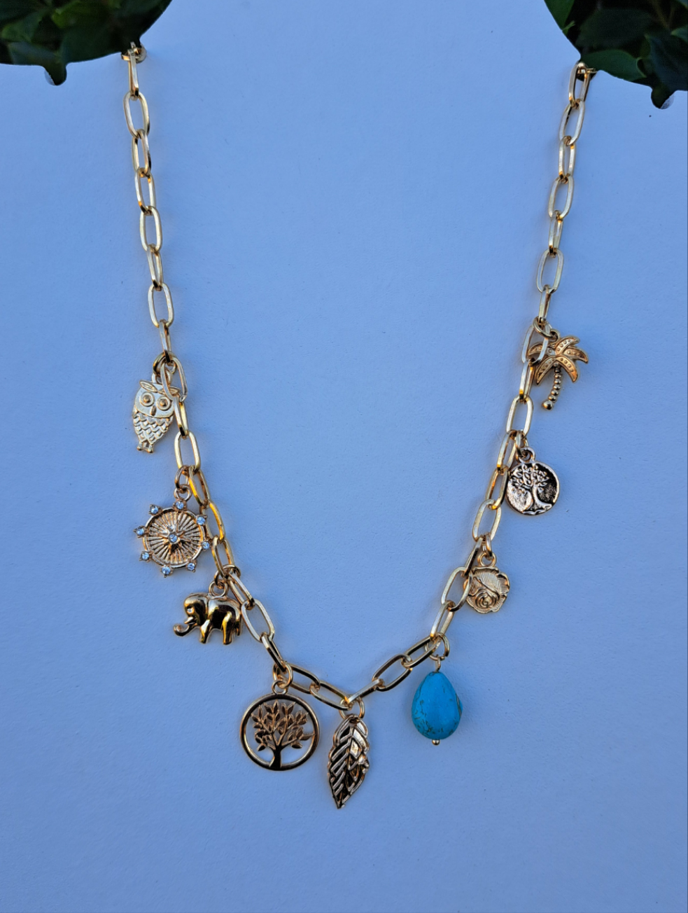 Charm Necklace with Tree Leaf Elephant Turquoise - Gold Link Chain