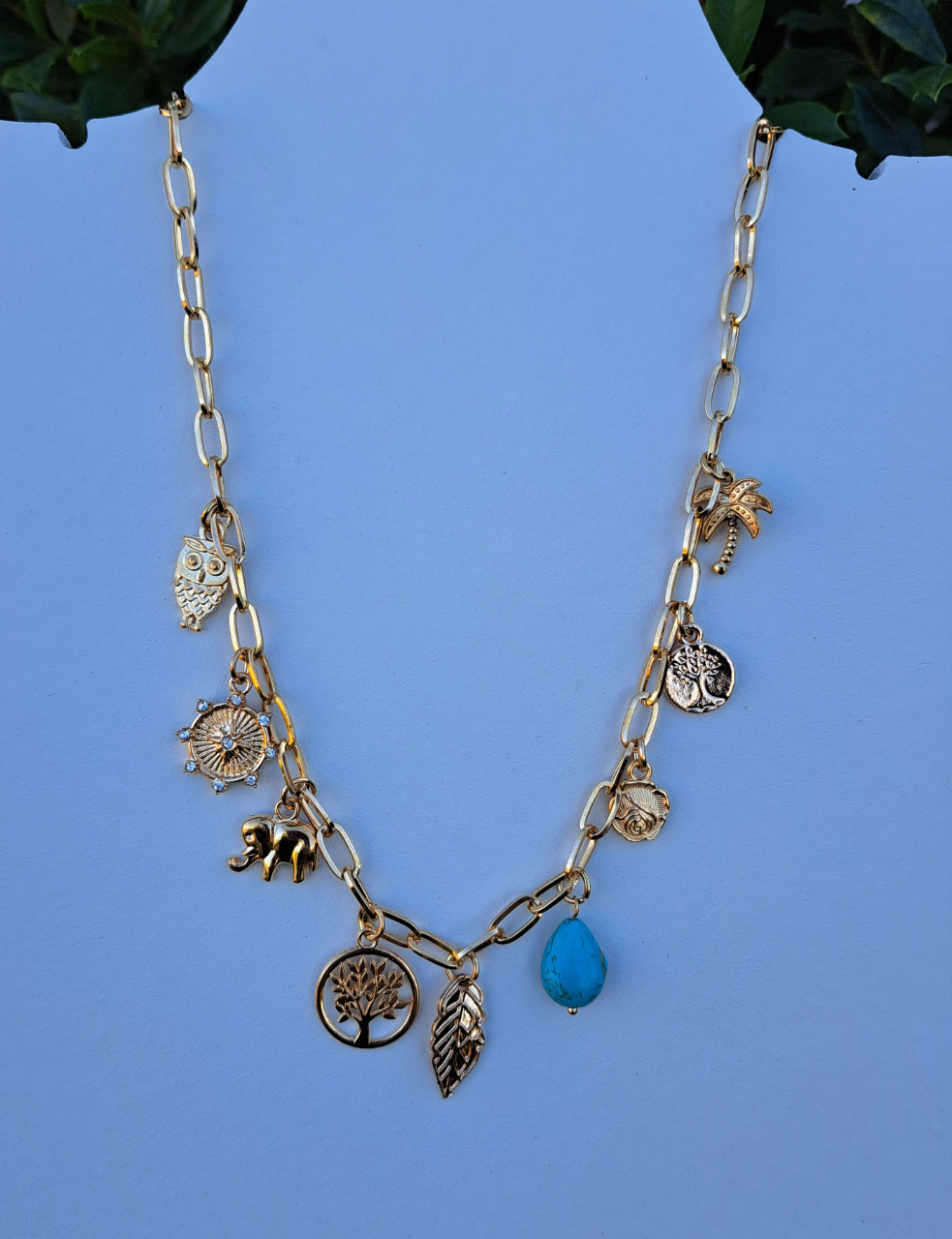 Charm Necklace with Tree Leaf Elephant Turquoise - Gold Link Chain