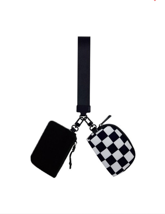 Dual Pouch Checkered Wristlet Keychain Wallet Bag - Black and White