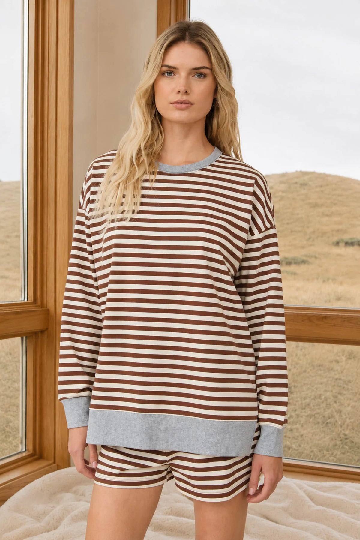 Brown Striped Gray Trim Long Sleeve Knit Top