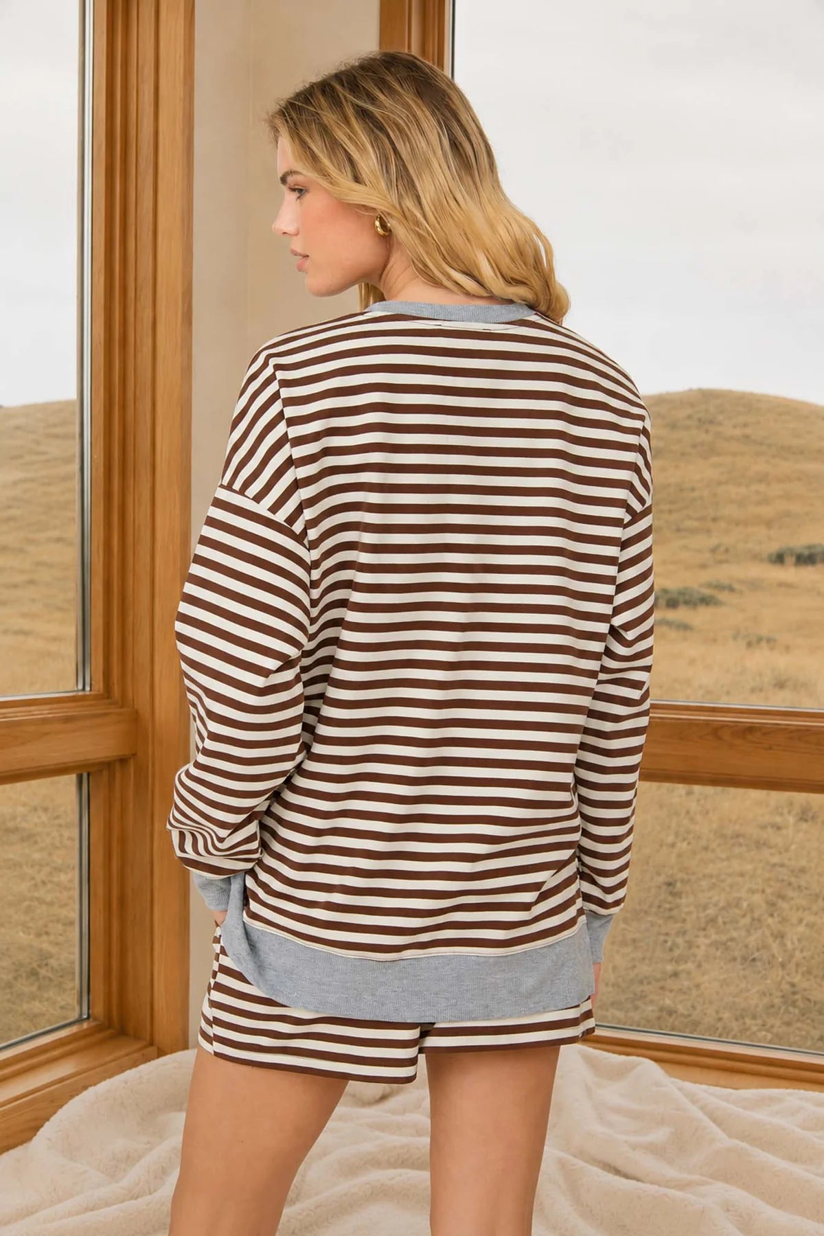 Brown Striped Gray Trim Long Sleeve Knit Top