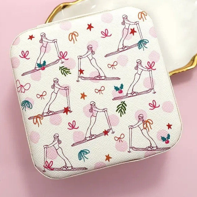 skier on faux leather travel jewlry case