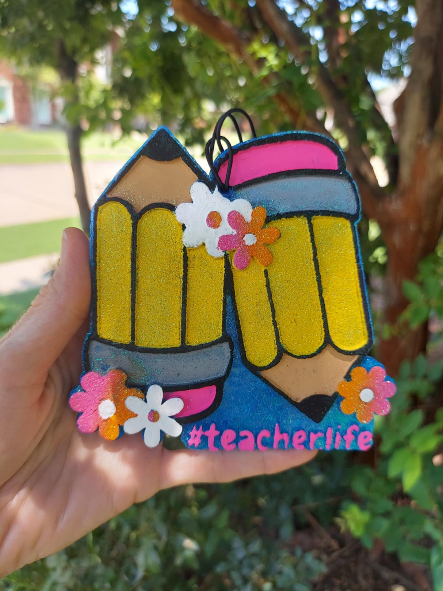 Teacher Life Freshie - Blue Background & Pink/Orange/White Flowers