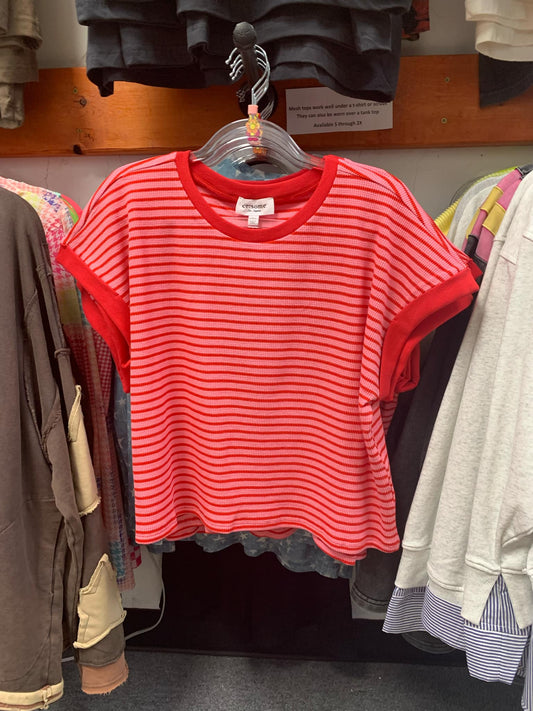 Pink & Red Striped Short Sleeve Top - Waffle Texture