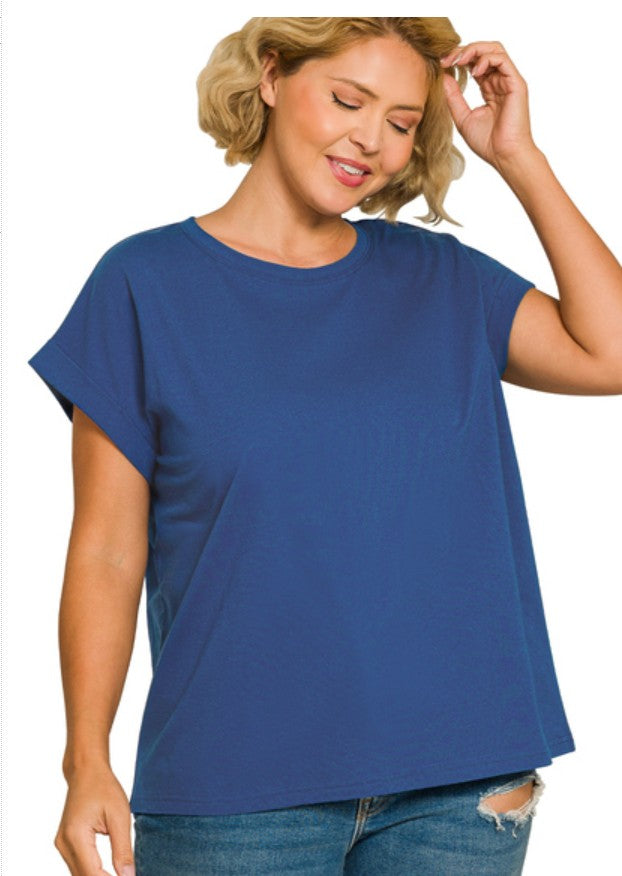 Woman wearing a blue t-shirt on a white background