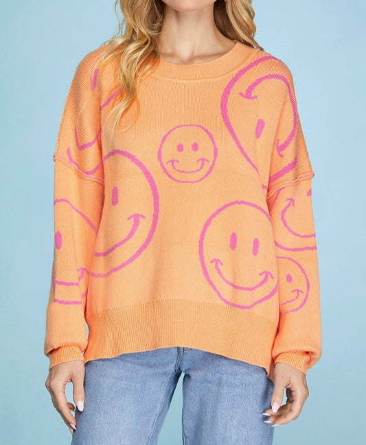 Oversized Smiley Sweater in Orange and Pink