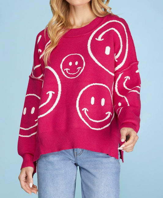 Oversized Smiley Sweater in Pink and White