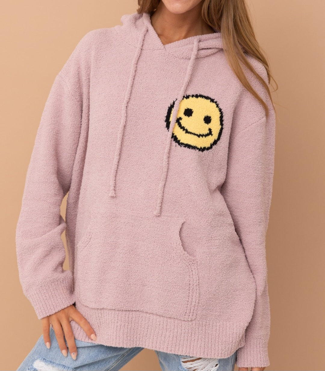 Fuzzy Cozy Hooded Smiley Sweater - Dusty Mauve