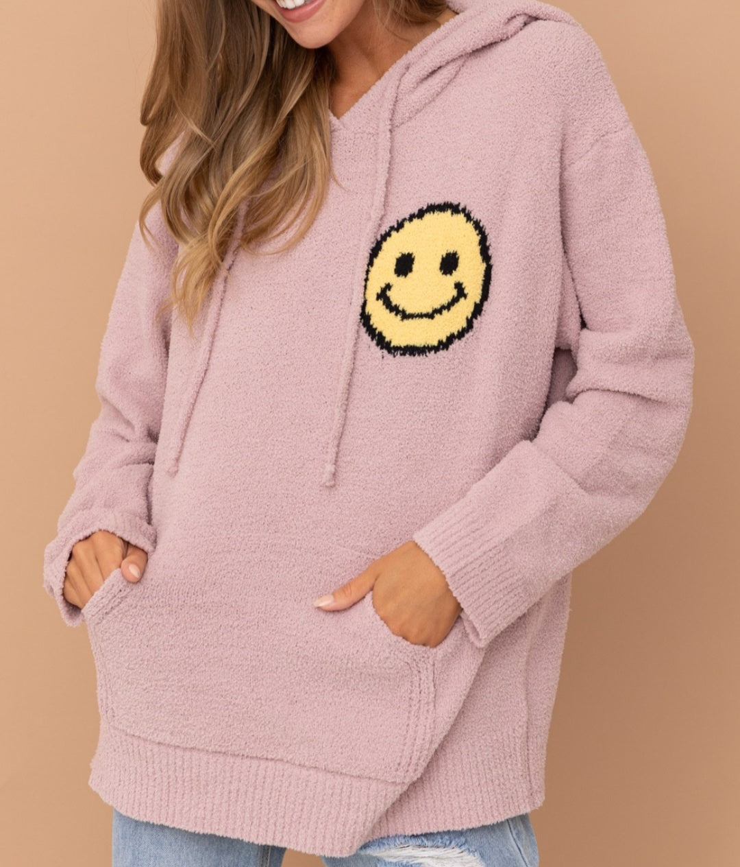 Fuzzy Cozy Hooded Smiley Sweater - Dusty Mauve