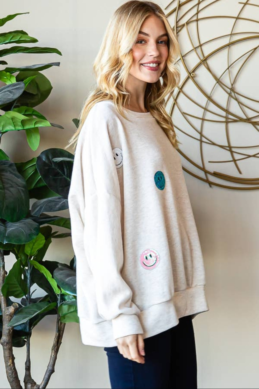 Heather Gray Oversized Sweatshirt With Sequin Smiley Patch