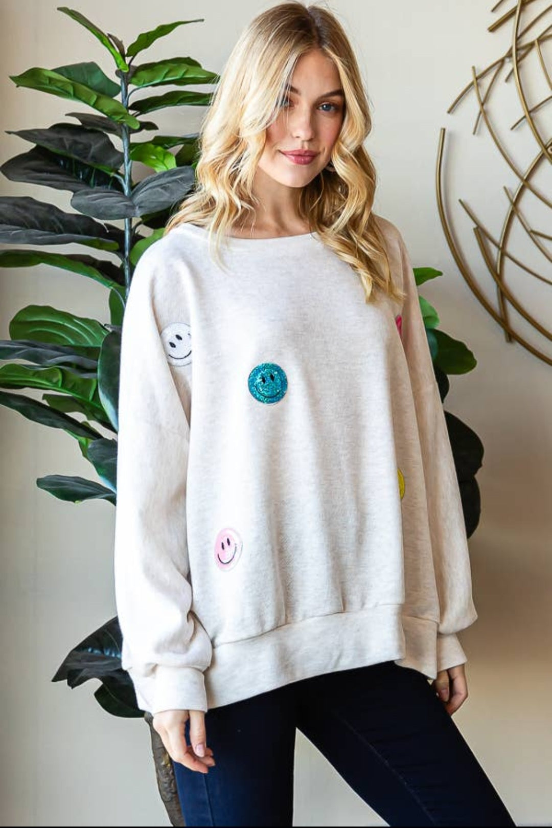 Heather Gray Oversized Sweatshirt With Sequin Smiley Patch