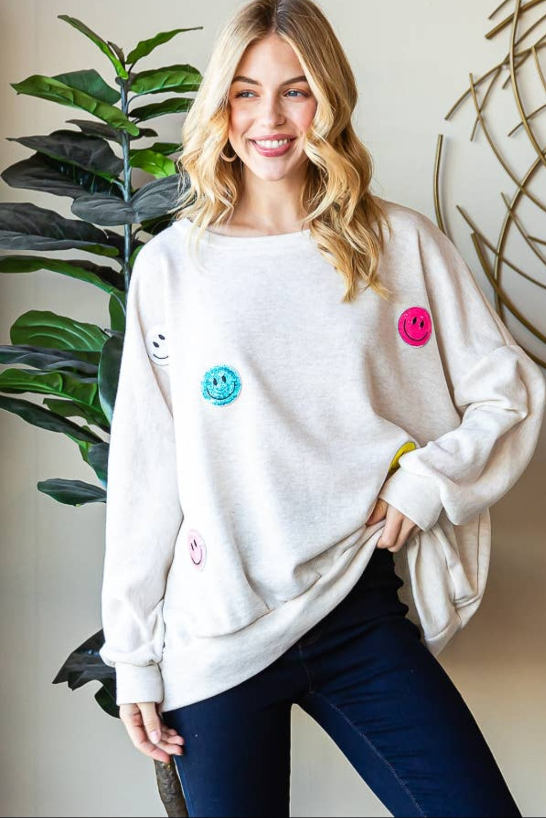 Heather Gray Oversized Sweatshirt With Sequin Smiley Patch