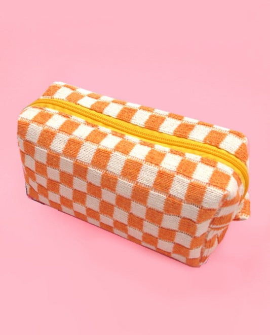 Checkered Cosmetic Bag - Orange/White