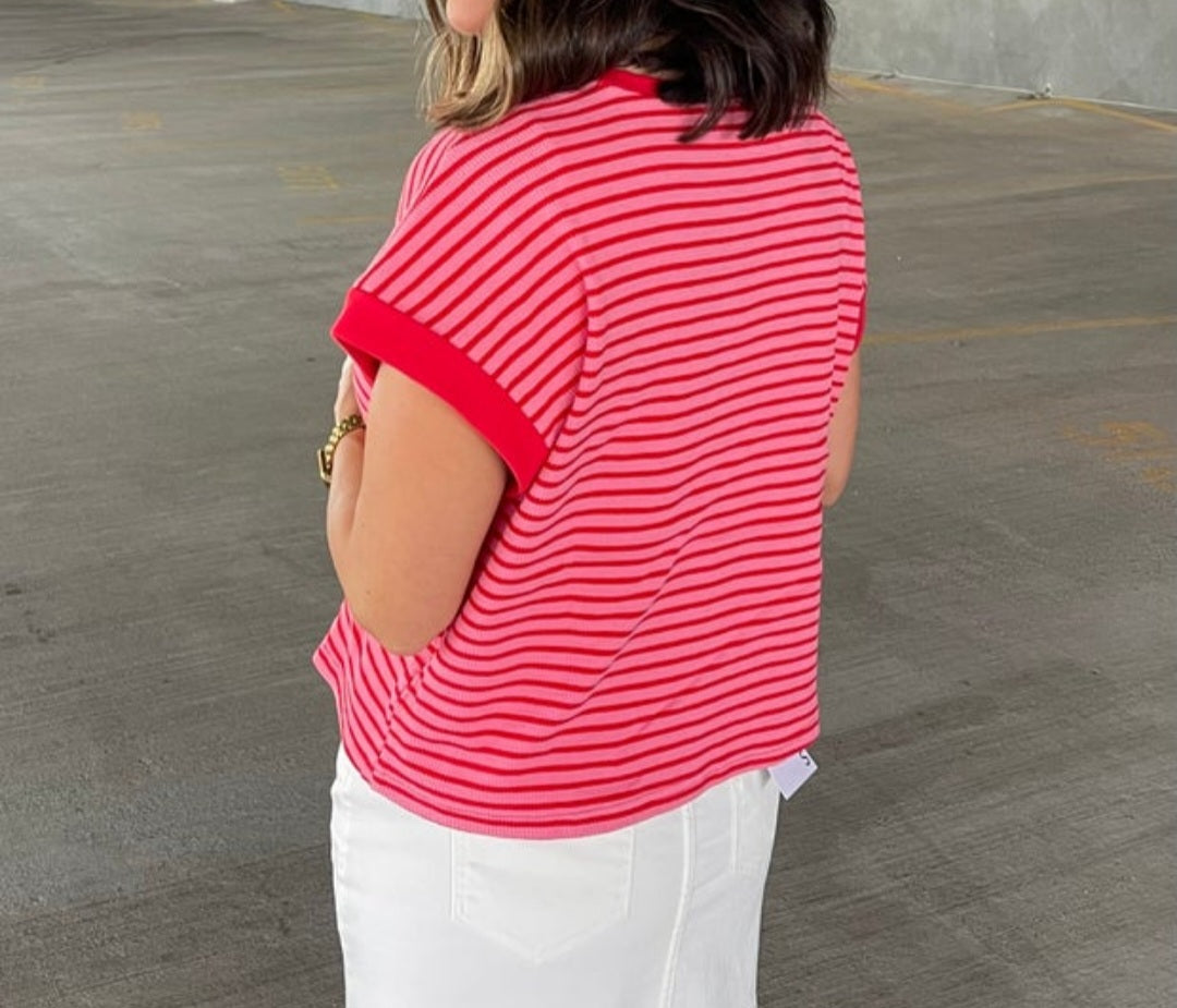 Pink & Red Striped Short Sleeve Top - Waffle Texture