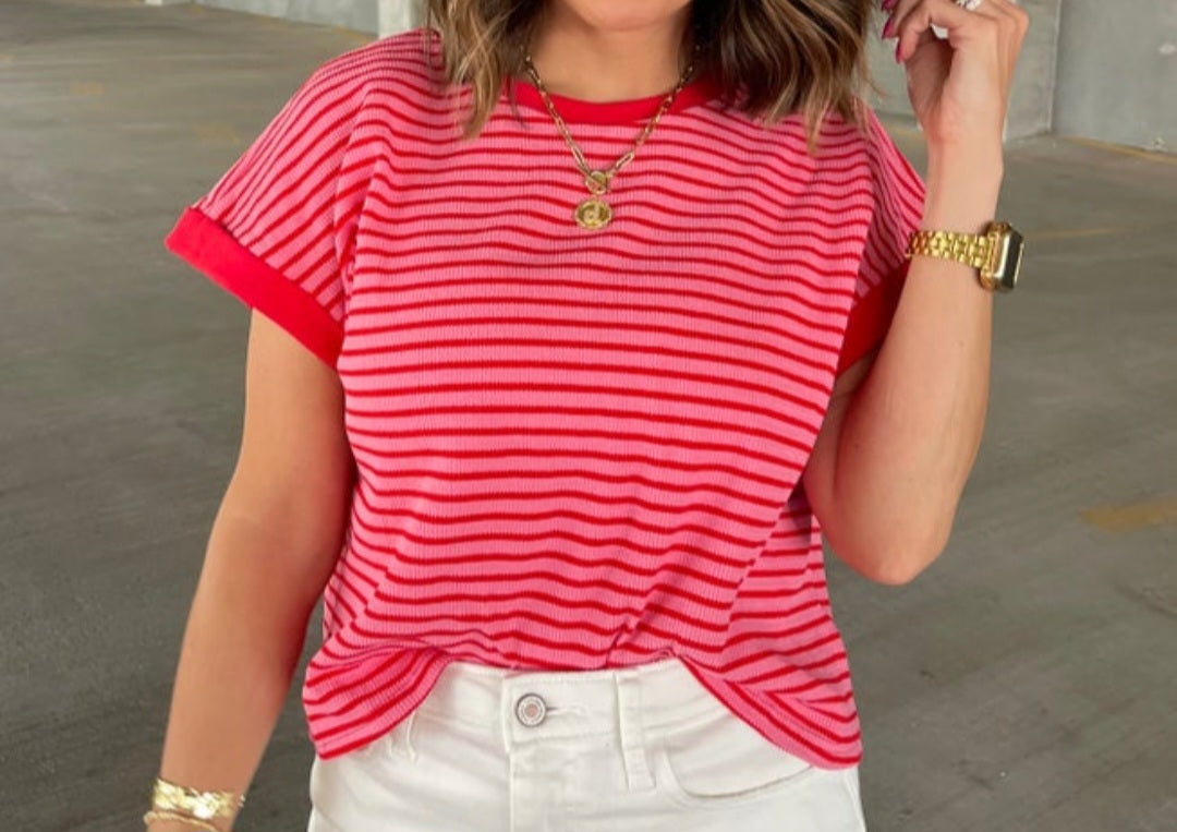 Pink & Red Striped Short Sleeve Top - Waffle Texture