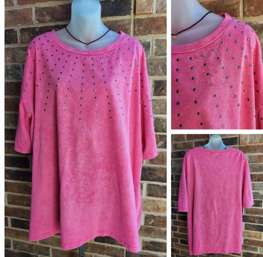 2 FLY Brand 2X/3X - Stonewashed Pink Top With Studs