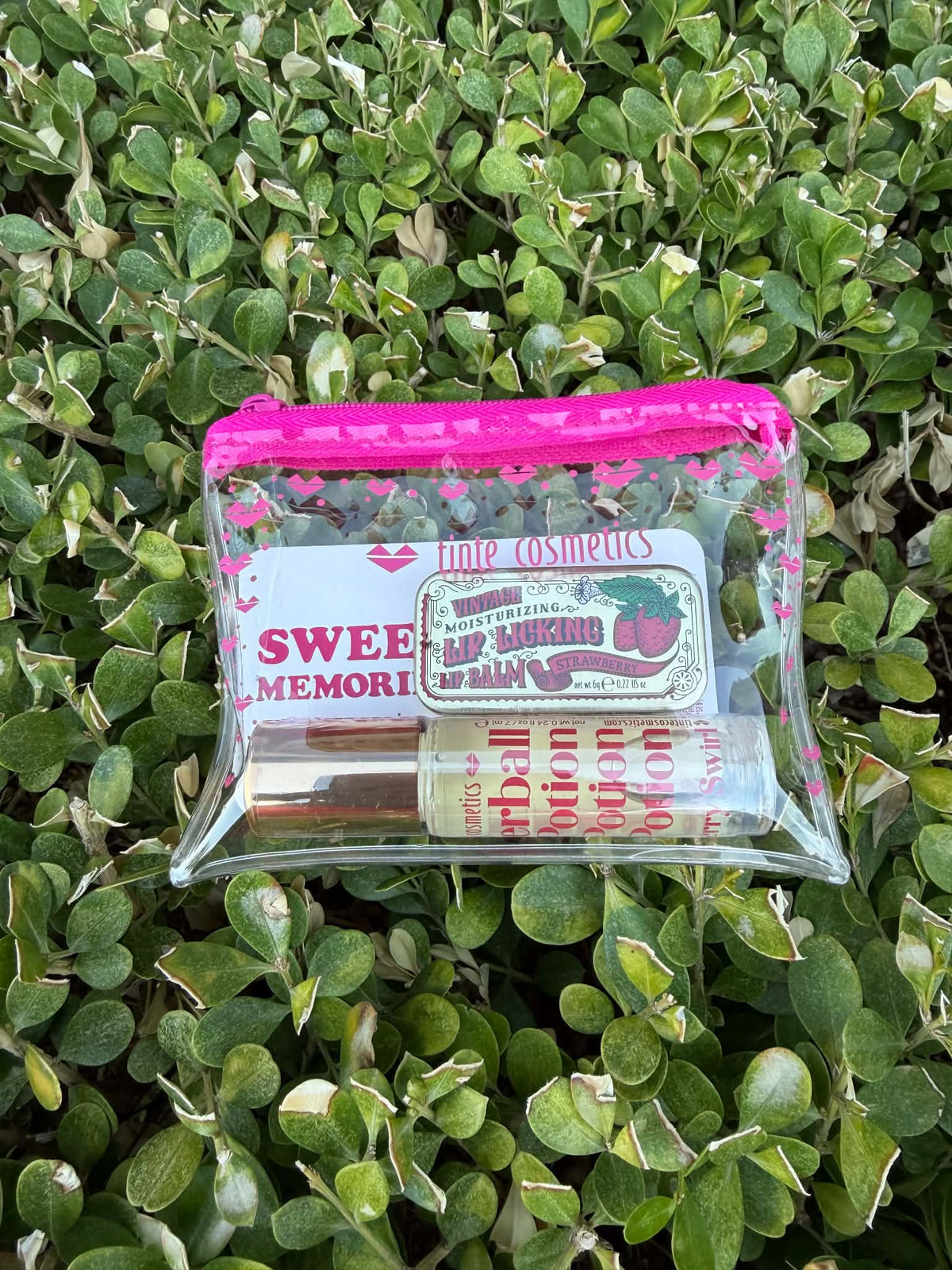 A clear zippered cosmetic pouch with a bright pink zipper and pink flamingo print, containing lip products, placed on a bed of green variegated leaves.