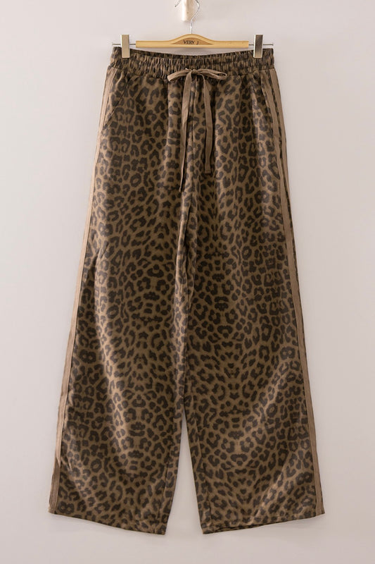 Mocha Leopard Drawstring Pants with Track Stripes