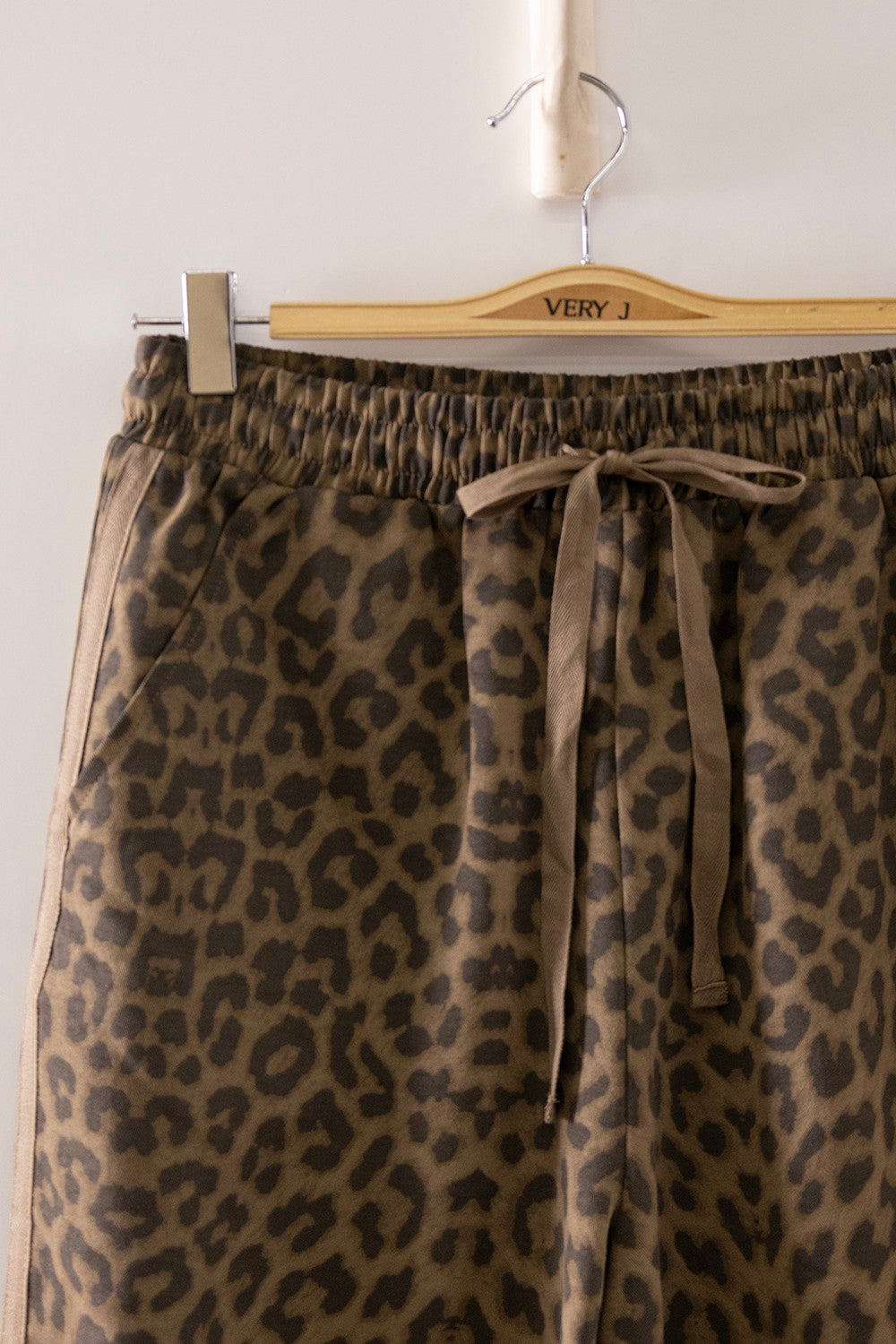 Mocha Leopard Drawstring Pants with Track Stripes