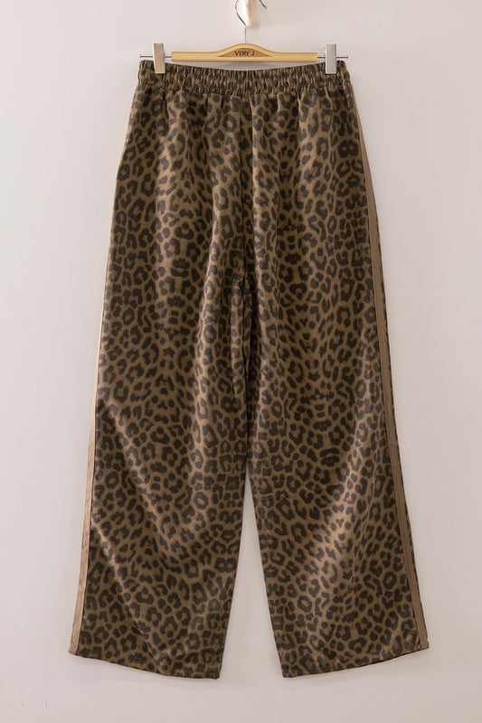 Mocha Leopard Drawstring Pants with Track Stripes