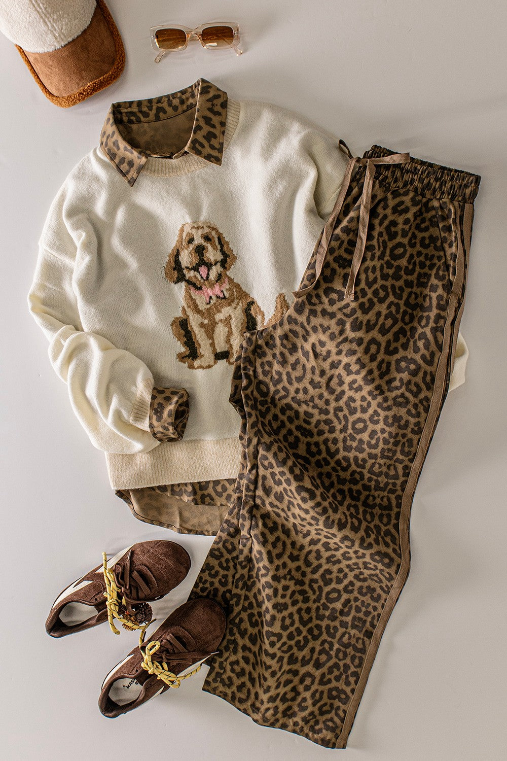 Mocha Leopard Drawstring Pants with Track Stripes