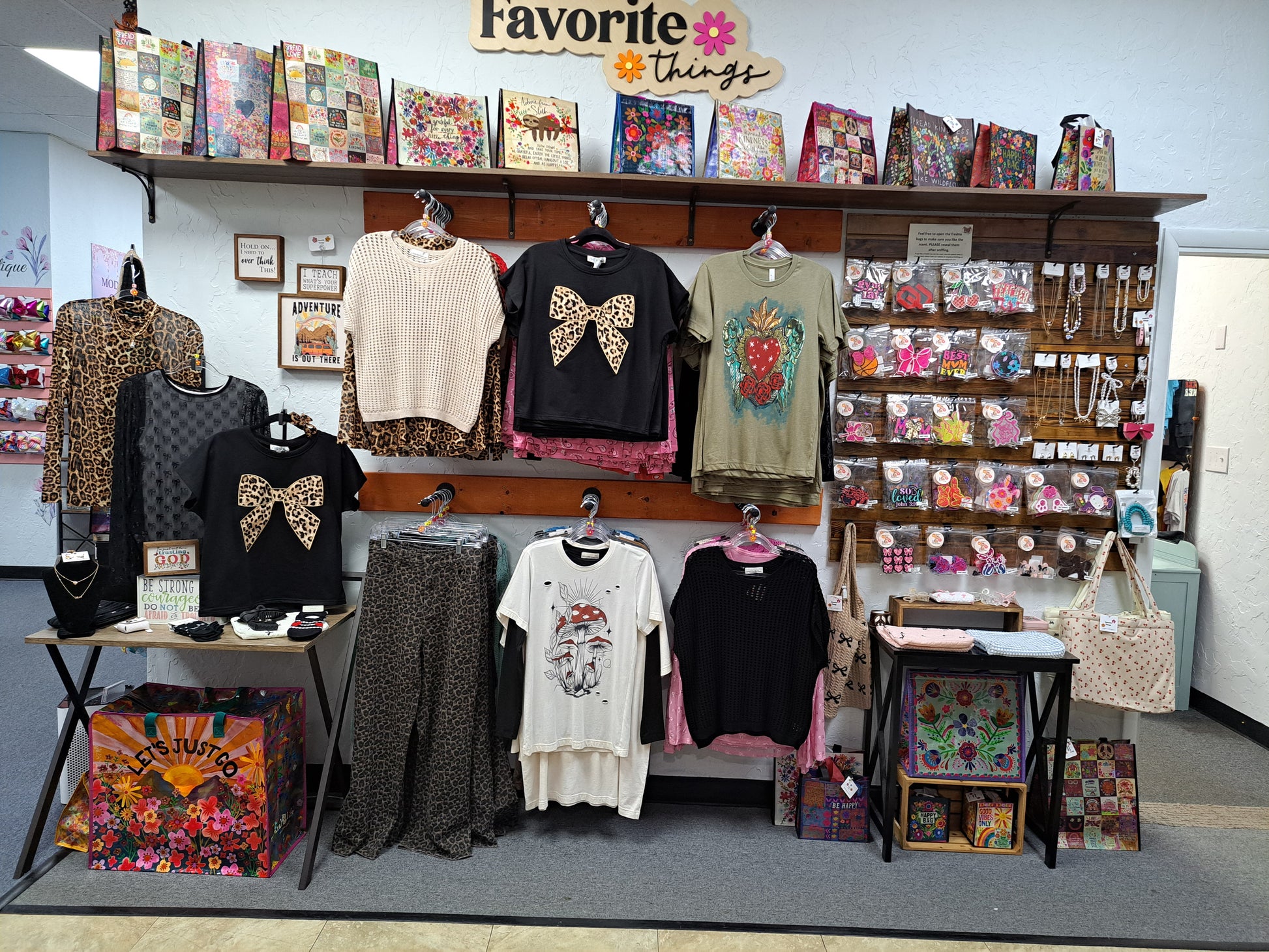 display in store of clothing and bags