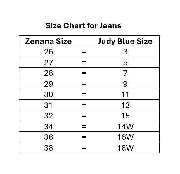Size chart for converting Zenana jeans sizes to Judy Blue jeans sizes.