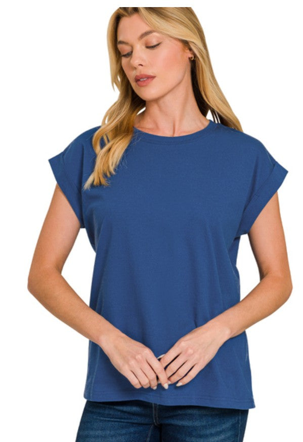 Woman wearing a blue t-shirt on a white background