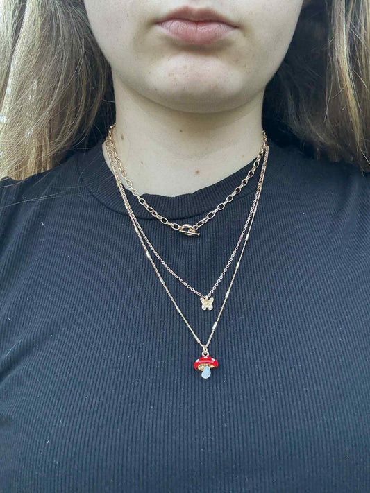 Multi-Layer Mushroom Butterfly Charm Necklace