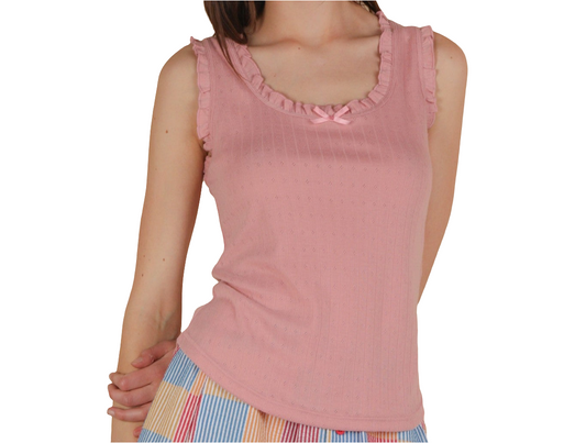 Bow Trim Ruffled Knit Pink Tank Top - S M L