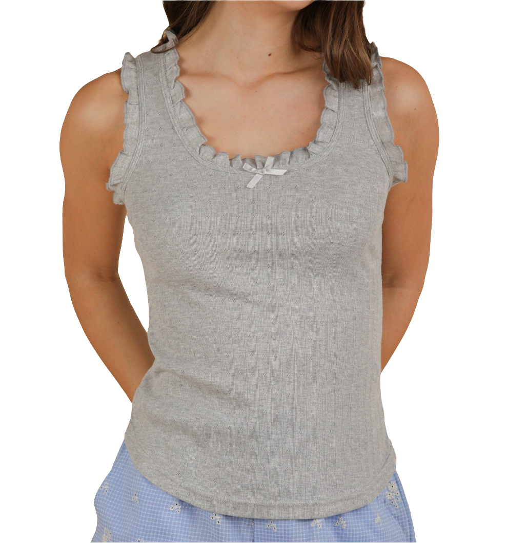Bow Trim Ruffled Knit Gray Tank Top - S M L