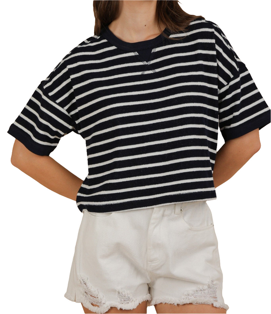 Oversized Navy and White Striped Terry Top - M L