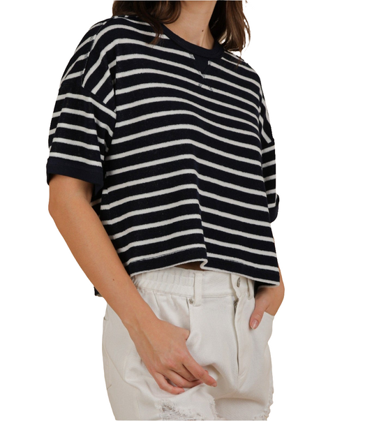 Oversized Navy and White Striped Terry Top - M L